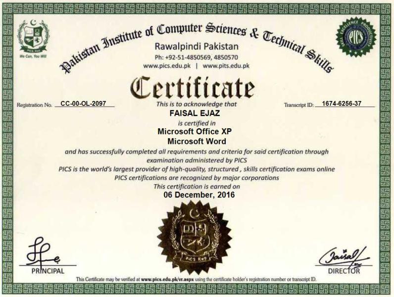 PICS Online Sample Certificates